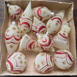 13 Vtg Glass Christmas Ornaments Frosted Red Gold Glitter Swags Teardrops